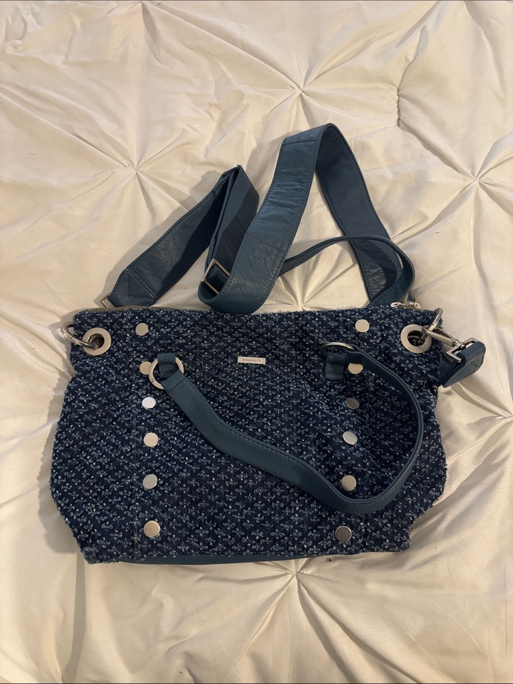 Hammitt Navy Woven Shoulder Bag with Silver Studs